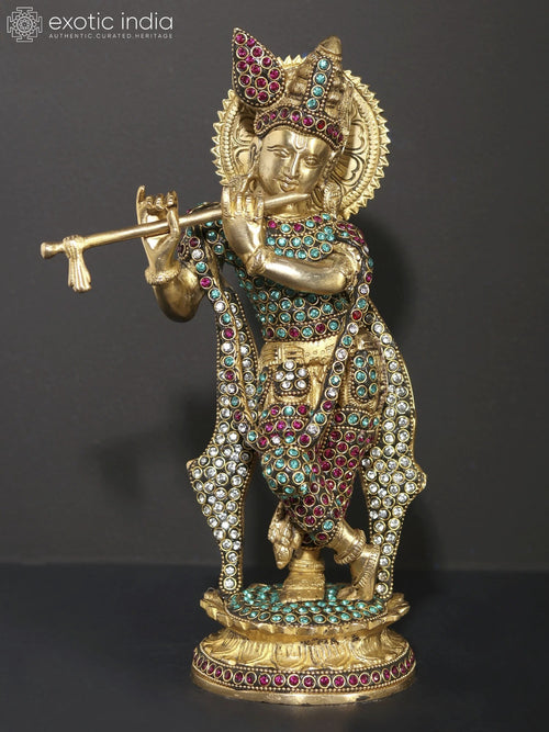 11" Krishna Playing Flute Brass Statue with Inlay Work