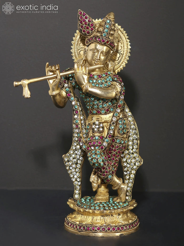11" Krishna Playing Flute Brass Statue with Inlay Work