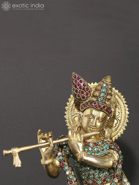 11" Tribhanga Murari (Krishna) Playing Flute | Brass Statue with Inlay Work