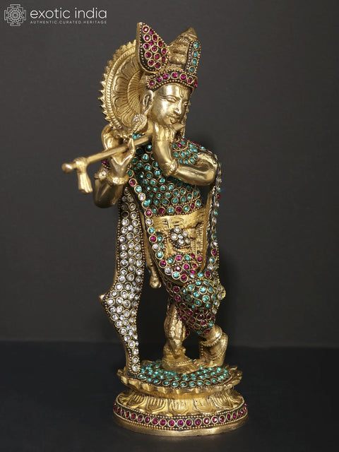 11" Tribhanga Murari (Krishna) Playing Flute | Brass Statue with Inlay Work