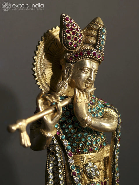 11" Tribhanga Murari (Krishna) Playing Flute | Brass Statue with Inlay Work