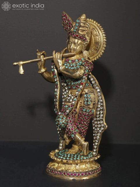 11" Tribhanga Murari (Krishna) Playing Flute | Brass Statue with Inlay Work