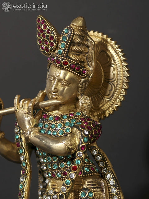 11" Tribhanga Murari (Krishna) Playing Flute | Brass Statue with Inlay Work
