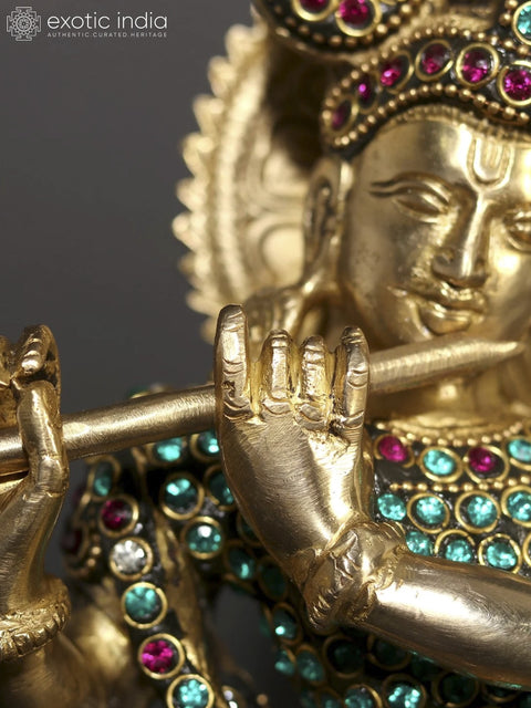 11" Tribhanga Murari (Krishna) Playing Flute | Brass Statue with Inlay Work
