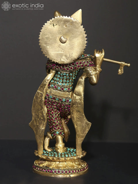 11" Tribhanga Murari (Krishna) Playing Flute | Brass Statue with Inlay Work