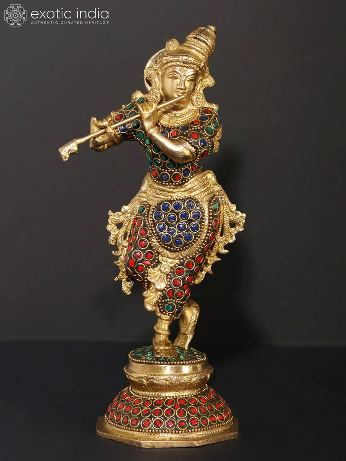 9" Murli Manohar Krishna Brass Statue with Inlay Work