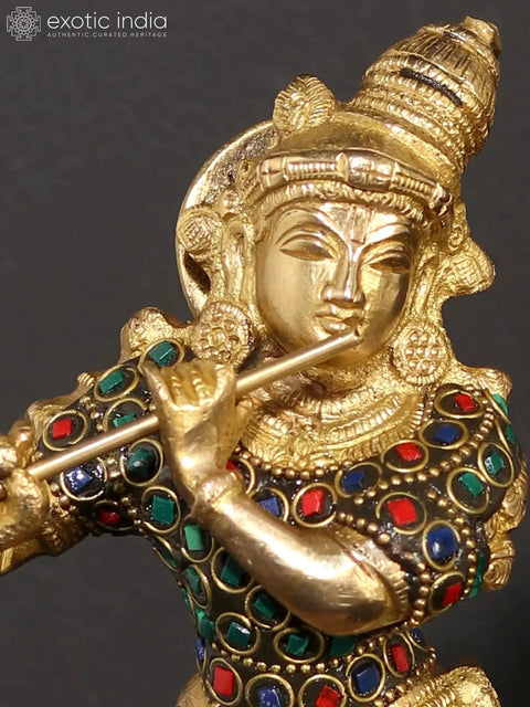 9" Murli Manohar Krishna | Brass Statue with Inlay Work