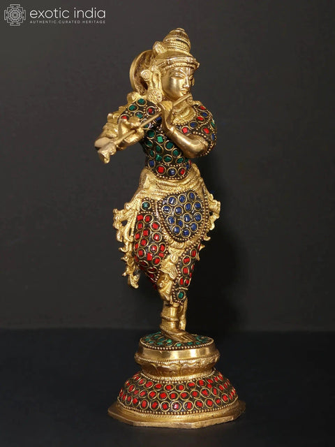 9" Murli Manohar Krishna | Brass Statue with Inlay Work