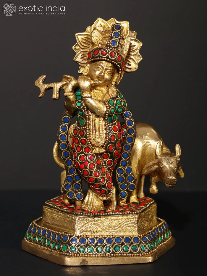 7" Venugopal Krishna Brass Statue with Inlay Work Handmade