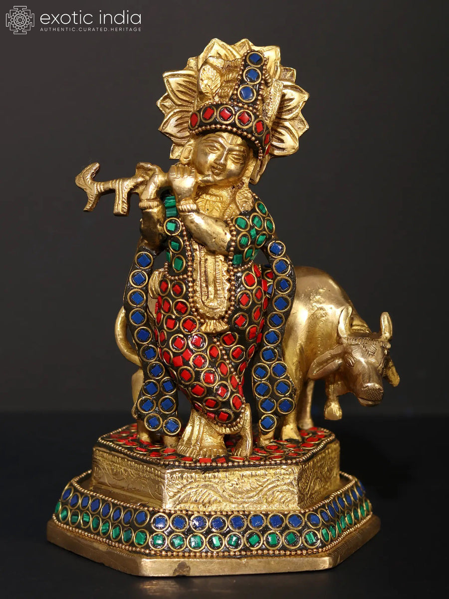7" Venugopal Krishna Brass Statue with Inlay Work Handmade