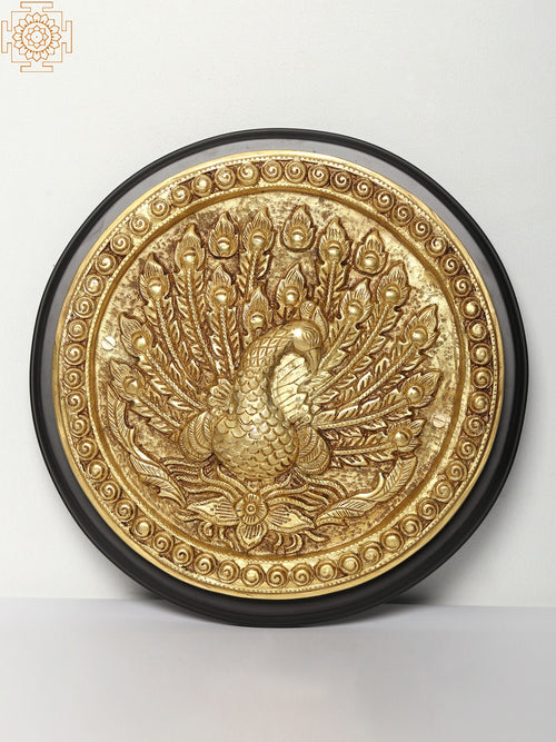 12" Dancing Peacock Brass and Wood Wall Hanging