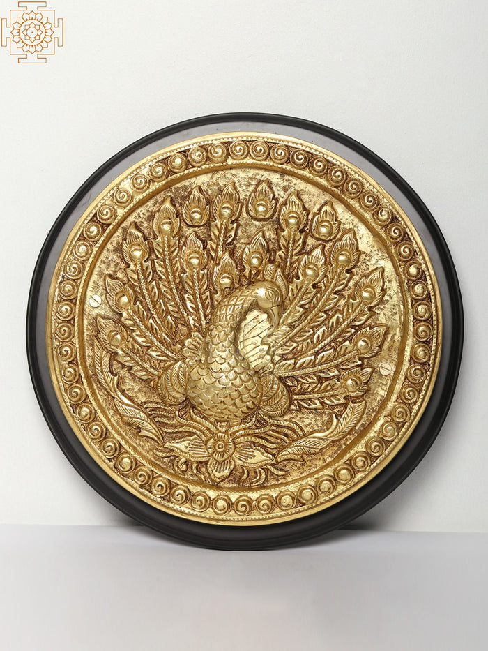 12" Dancing Peacock Brass and Wood Wall Hanging