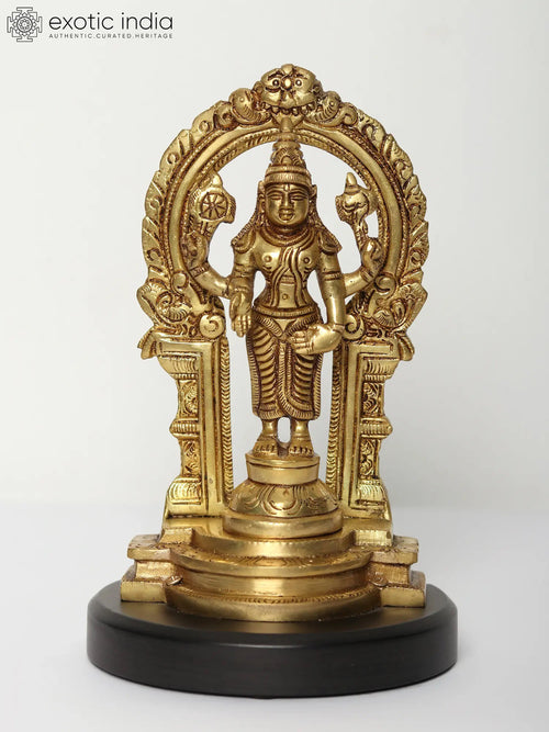 7" Brass Standing Lord Vishnu Idol with Kirtimukha Arch