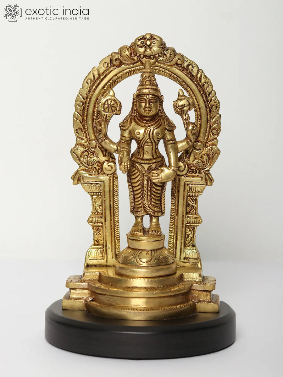 7" Brass Standing Lord Vishnu Idol with Kirtimukha Arch