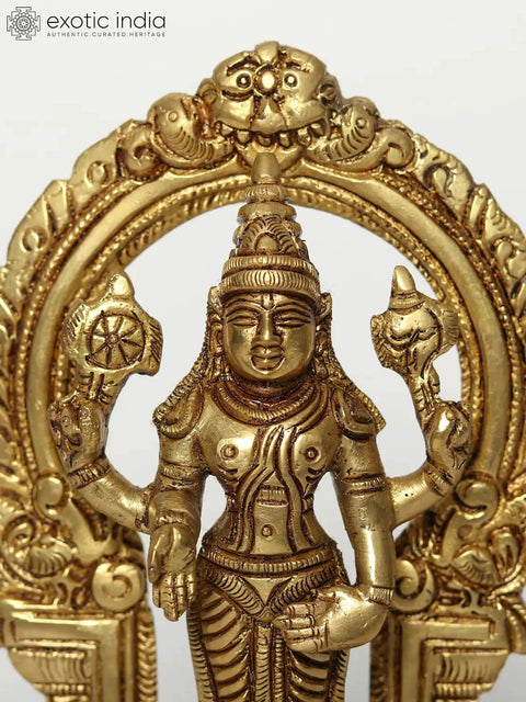 7" Brass Standing Lord Vishnu Idol on Wooden Base with Kirtimukha Arch