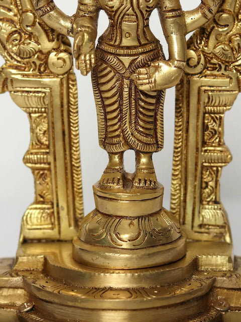7" Brass Standing Lord Vishnu Idol on Wooden Base with Kirtimukha Arch