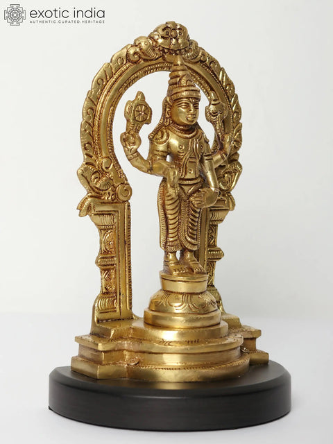 7" Brass Standing Lord Vishnu Idol on Wooden Base with Kirtimukha Arch
