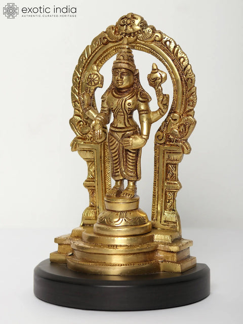 7" Brass Standing Lord Vishnu Idol on Wooden Base with Kirtimukha Arch