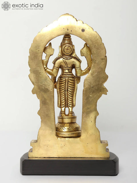 7" Brass Standing Lord Vishnu Idol on Wooden Base with Kirtimukha Arch