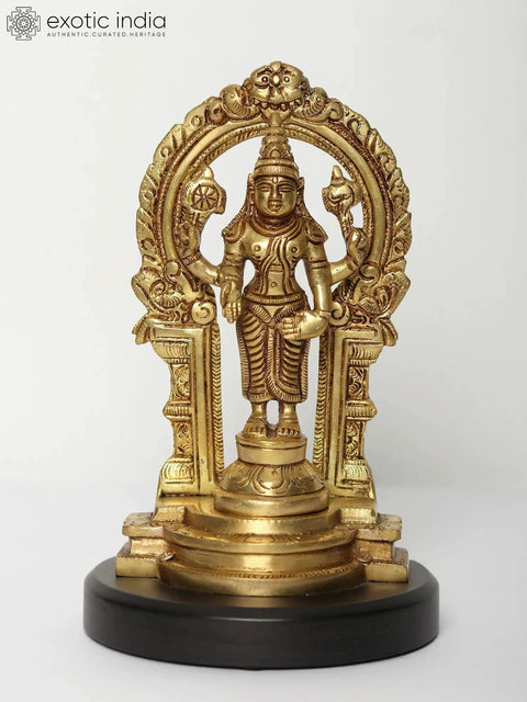 7" Brass Standing Lord Vishnu Idol on Wooden Base with Kirtimukha Arch