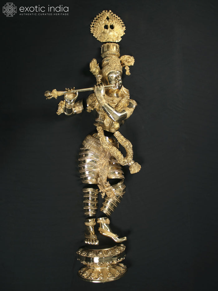 Lord Krishna Standing Brass Wall Hanging Sculpture for Home Decor