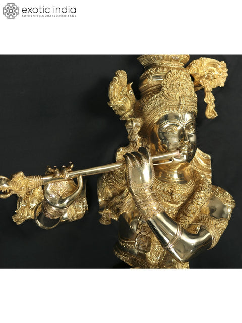 Lord Krishna Standing Wall Hanging Brass Sculpture