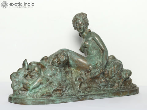 22" Woman & Child Riding on Mizuchi Dragon | Brass Sculpture