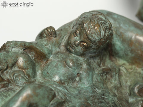 22" Woman & Child Riding on Mizuchi Dragon | Brass Sculpture