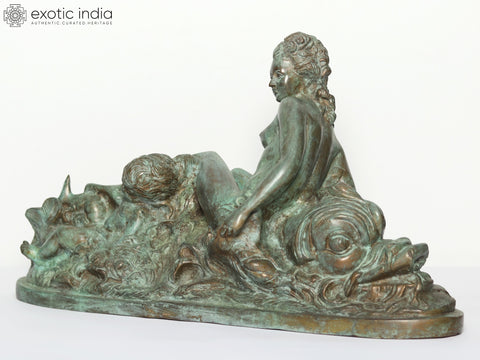 22" Woman & Child Riding on Mizuchi Dragon | Brass Sculpture