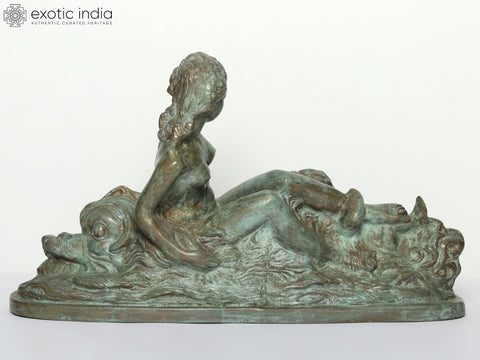 22" Woman & Child Riding on Mizuchi Dragon | Brass Sculpture
