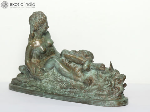 22" Woman & Child Riding on Mizuchi Dragon | Brass Sculpture