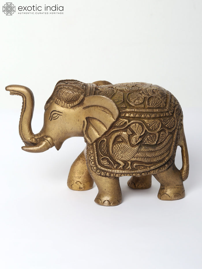 6" Handmade Decorative Elephant Brass Statue with Upraised Trunk
