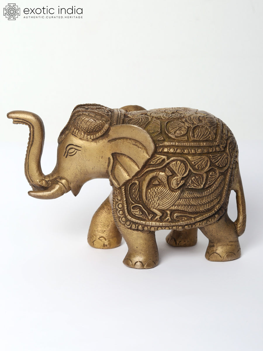 6" Handmade Decorative Elephant Brass Statue with Upraised Trunk
