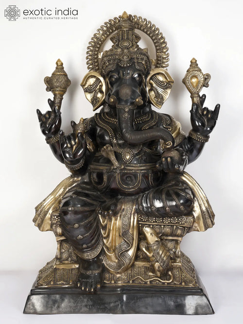 61" Large Chaturbhuja Lord Ganesha Handmade Brass Statue