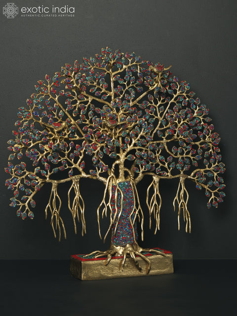 19" Tree of Life with Perched Birds | Brass with Stone Work