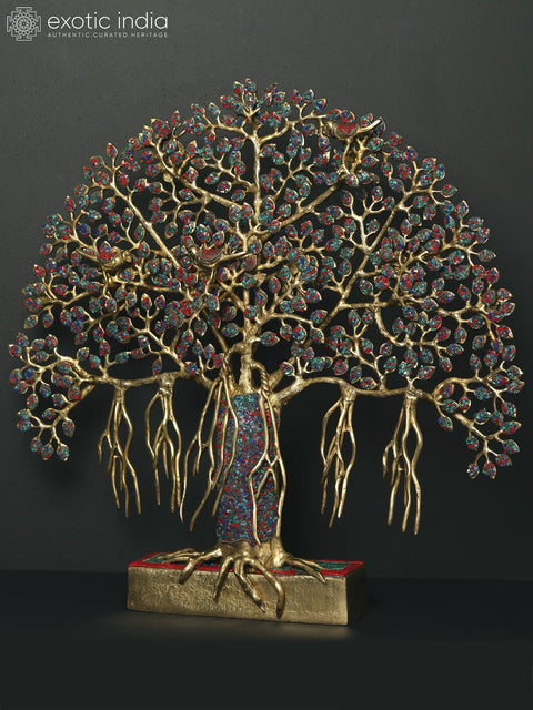 19" Tree of Life with Perched Birds | Brass with Stone Work