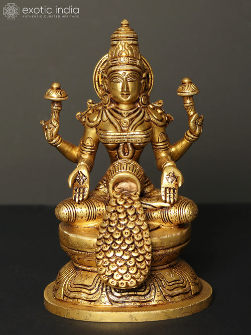 7" Goddess Lakshmi Brass Statue for Pooja Showering Wealth