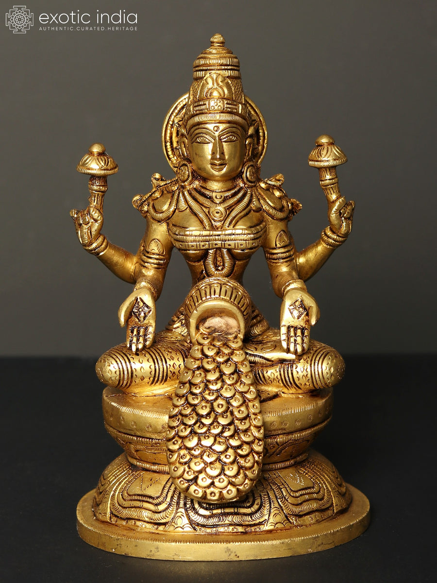7" Goddess Lakshmi Brass Statue for Pooja Showering Wealth