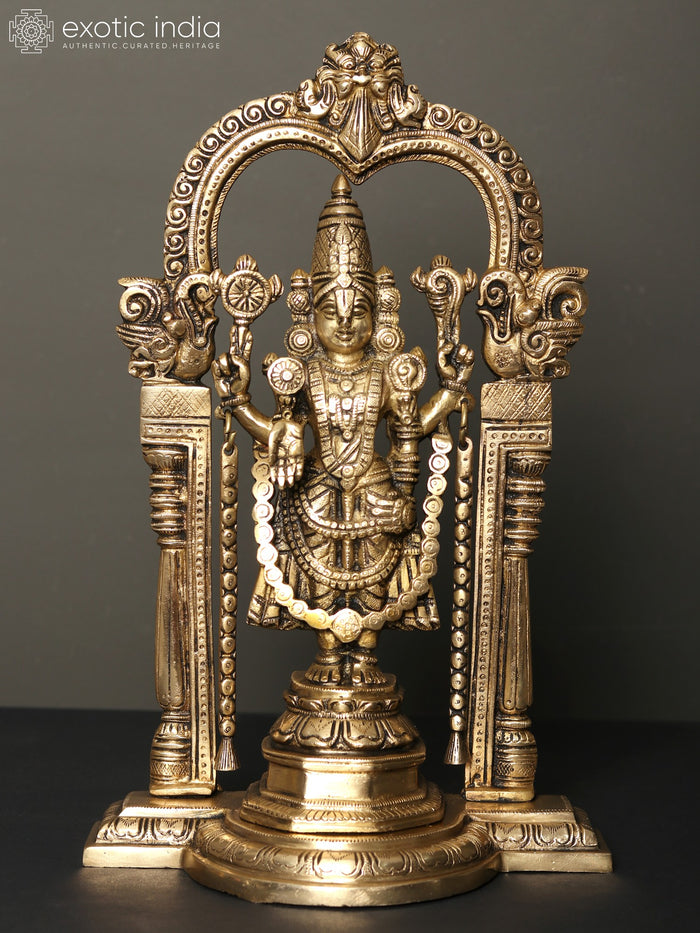 13" Standing Tirupati Balaji Venkateshvara Brass Statue with Kirtimukha Arch
