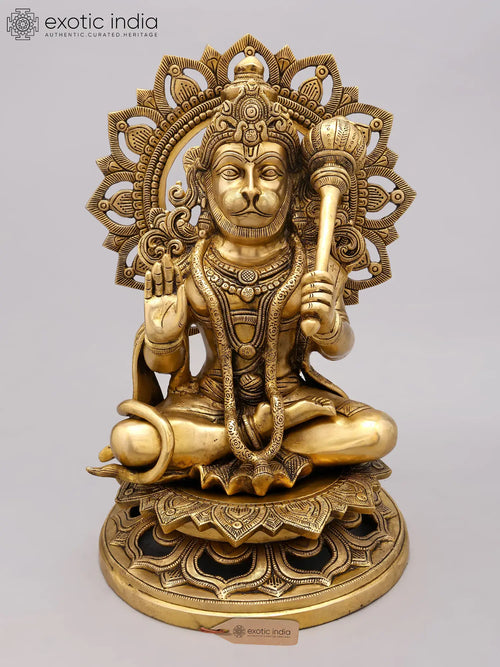 18" Pawan Putra Hanuman Brass Statue on Throne in Blessing Gesture
