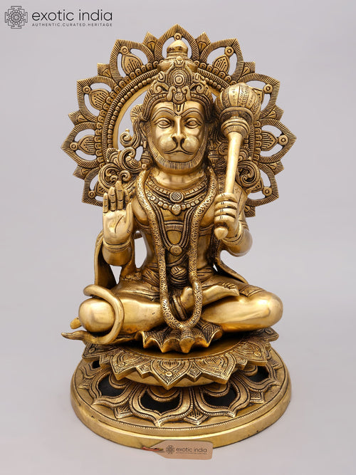 18" Pawan Putra Hanuman Brass Statue on Throne in Blessing Gesture