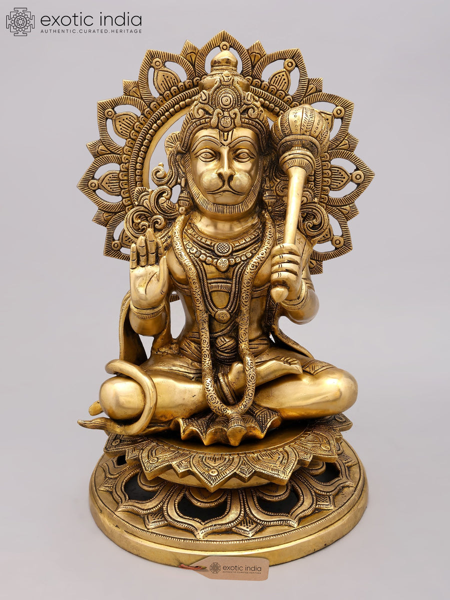 18" Pawan Putra Hanuman Brass Statue on Throne in Blessing Gesture