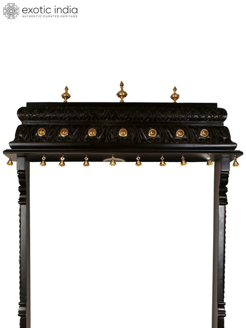 50" Designer Wooden Temple with Dangling Bells in Brass | With Inbuilt Light Bulb | Wall Mounted