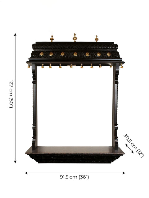 50" Designer Wooden Temple with Dangling Bells in Brass | With Inbuilt Light Bulb | Wall Mounted