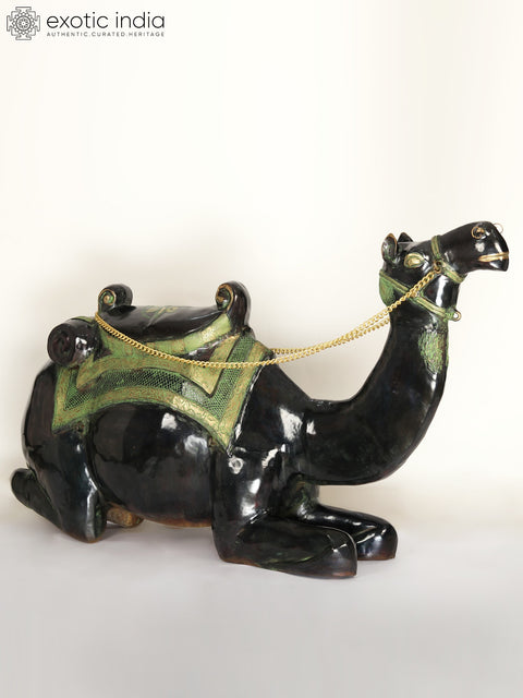 64" Large Black and Green Sitting Camel Figurine in Brass | Home Decor | Animal Statue