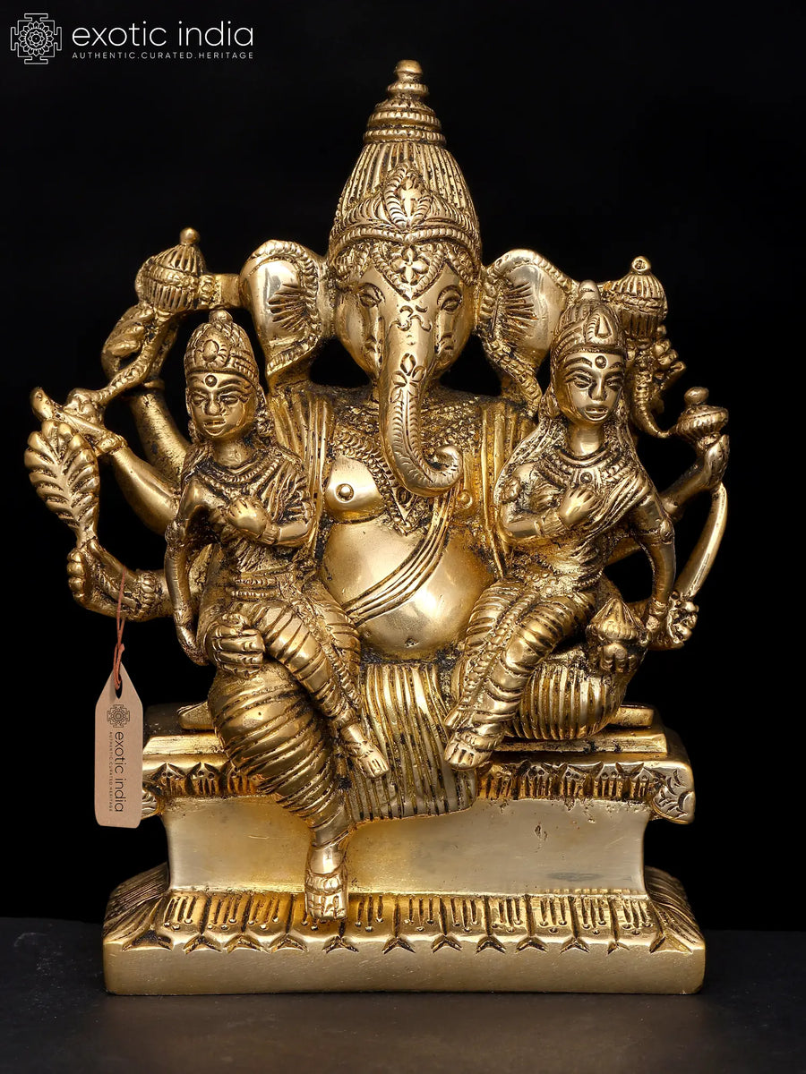 5" Lord Ganesha with Riddhi Siddhi Brass Statue for Pooja