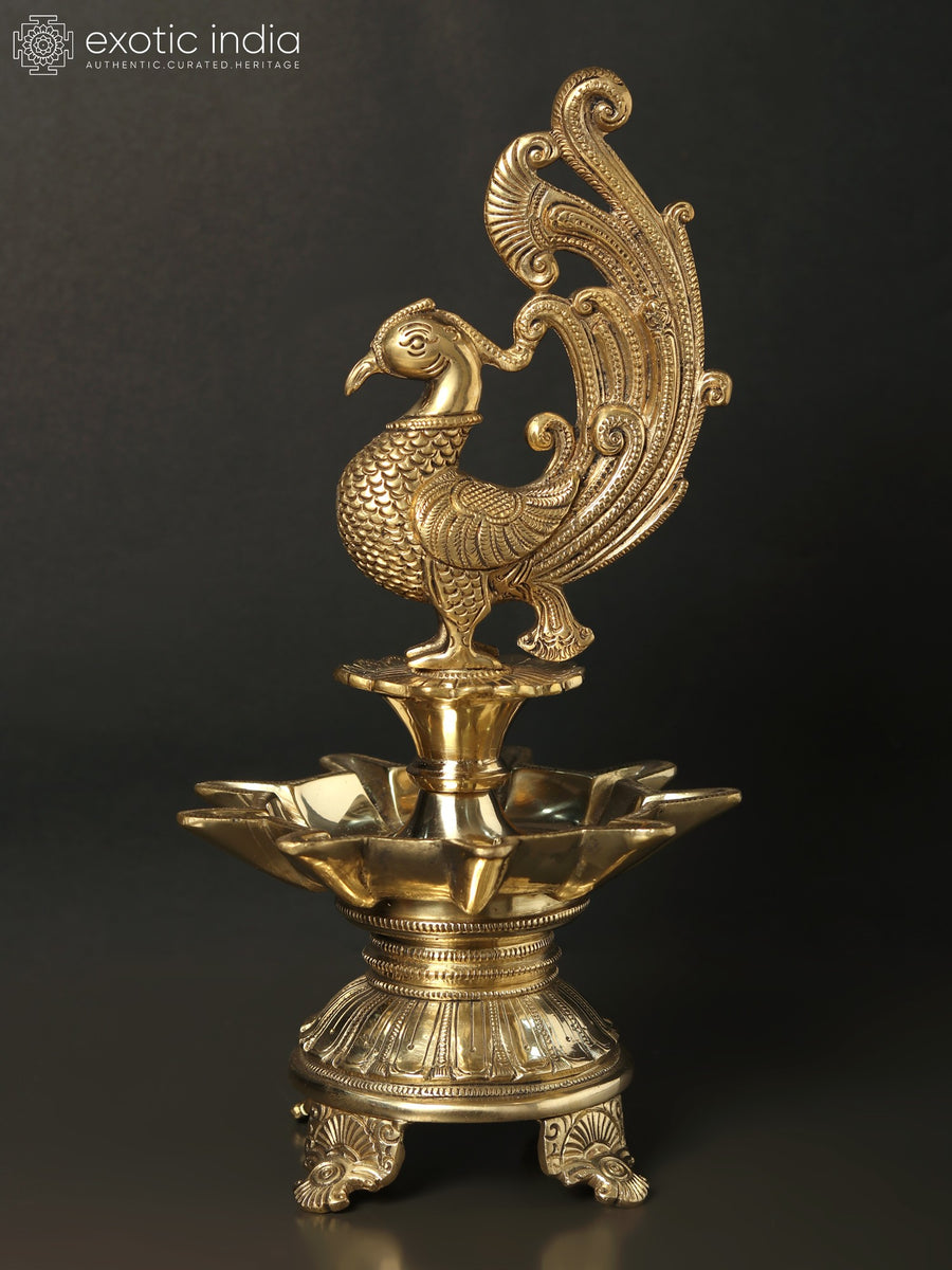 12" Nine Wicks Peacock Brass Lamp for Home Decor