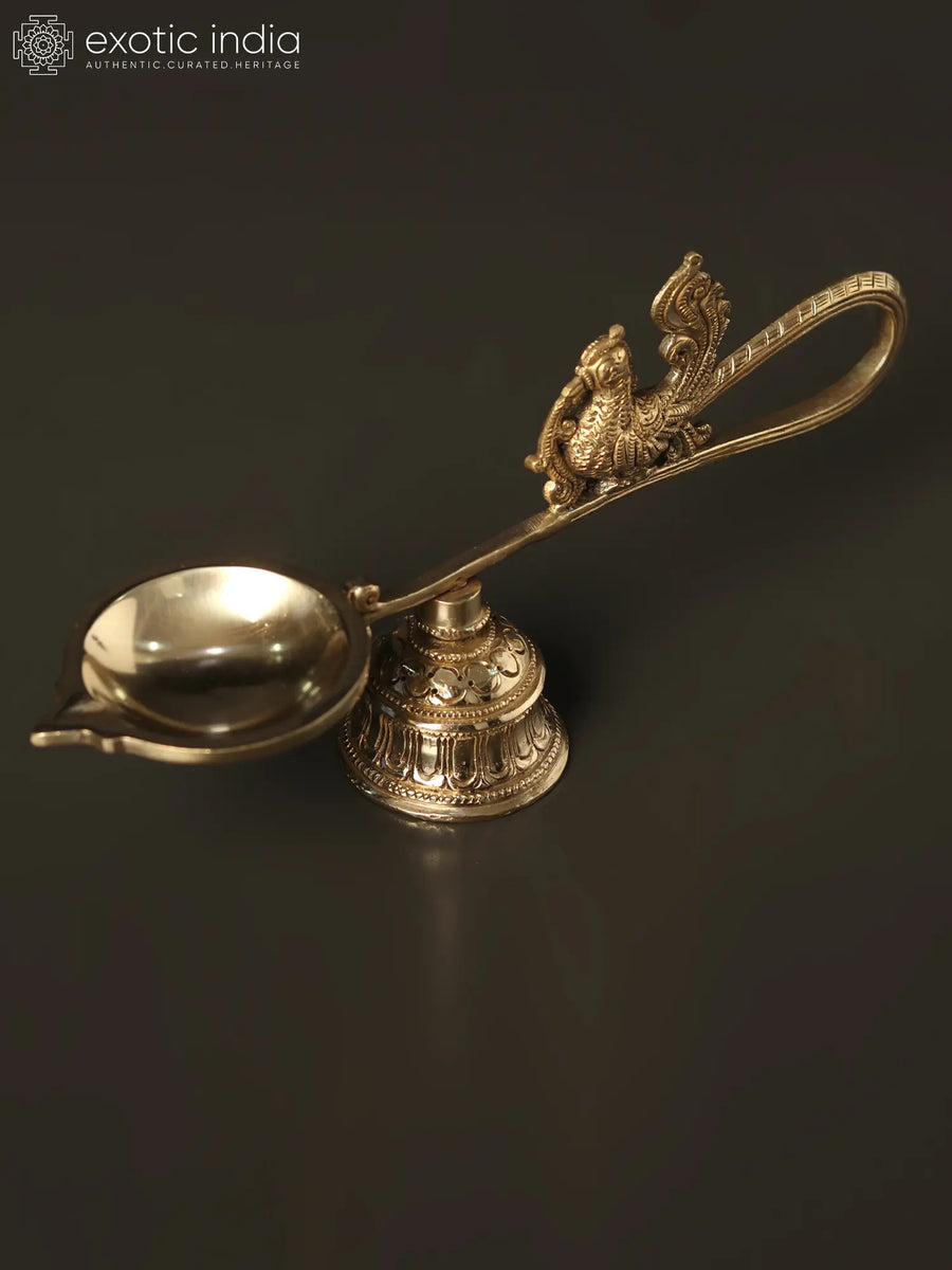 9" Brass Handheld Ritual Lamp with Bell for Pooja