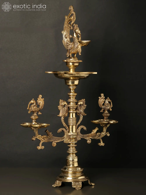 14" Handmade Brass Peacocks and Parrots Sixteen Wicks Oil Lamp