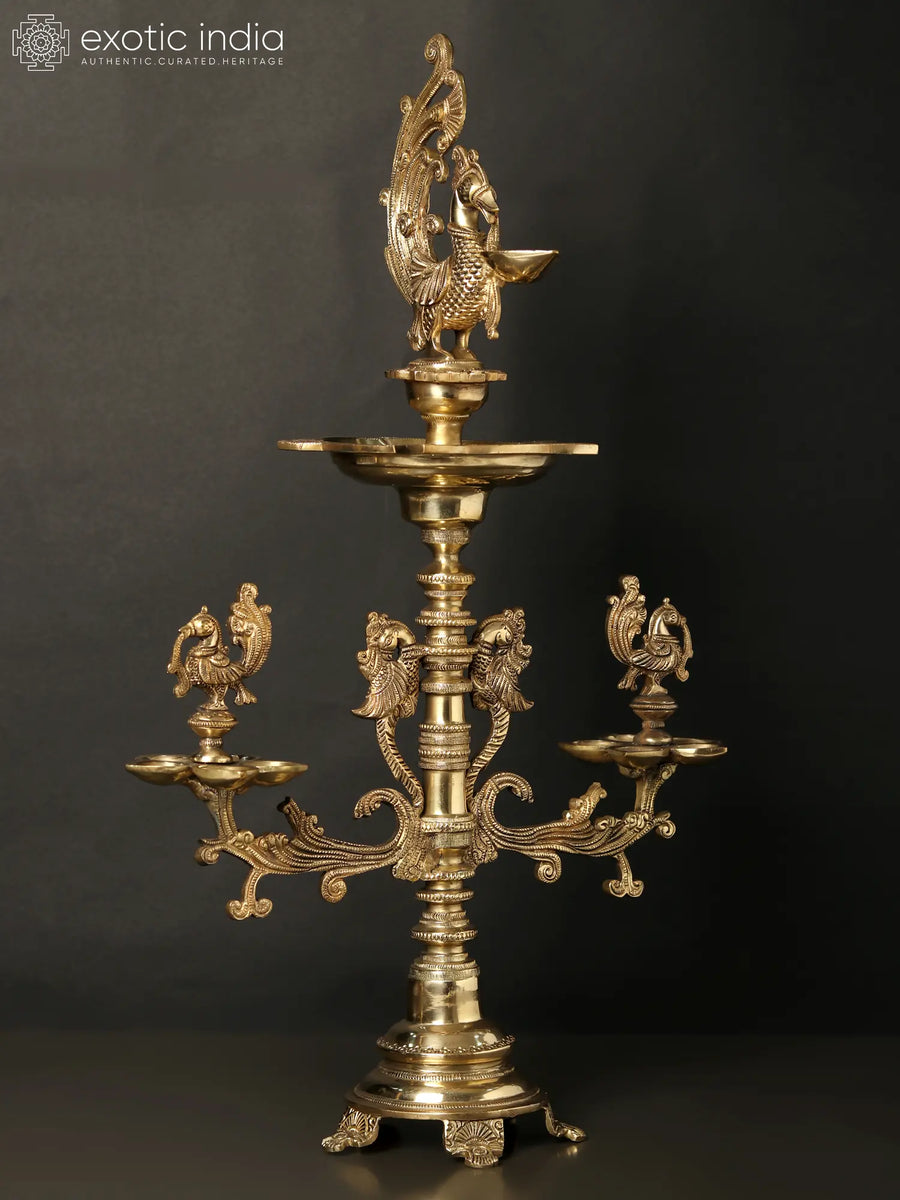 14" Handmade Brass Peacocks and Parrots Sixteen Wicks Oil Lamp